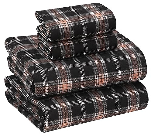 RUVANTI Flannel Sheets King Size - 100% Cotton Double Brushed King Size Sheets Set - Deep Pockets 16 Inches Bed Sheets - All Seasons Breathable & Extra Soft - Warm & Cozy, 4 Piece, Peach & Black Plaid