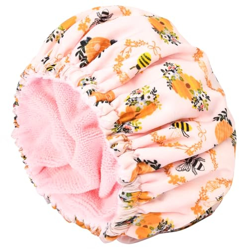 Shower Cap for Women Terry Lined Bee Bath Cap Large Reusable Waterproof Elastic Band Beekeeper Shower Caps for Long Thick Hair Soft Bath Shower Hair Caps