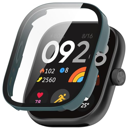 Funda compatible con Redmi Watch 4 con protector de pantalla, policarbonato duro a prueba de golpes con vidrio templado integrado (verde)