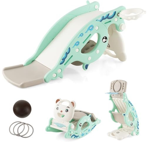 DREAMADE 4 IN 1 Kinder Rutsche mit Schaukelpferd & Basketballkorb & Ringwurfspiel, Kinder Spielplatz für Jungen & Mädchen, Kinderrutsche für Indoor & Outdoor (Grün)