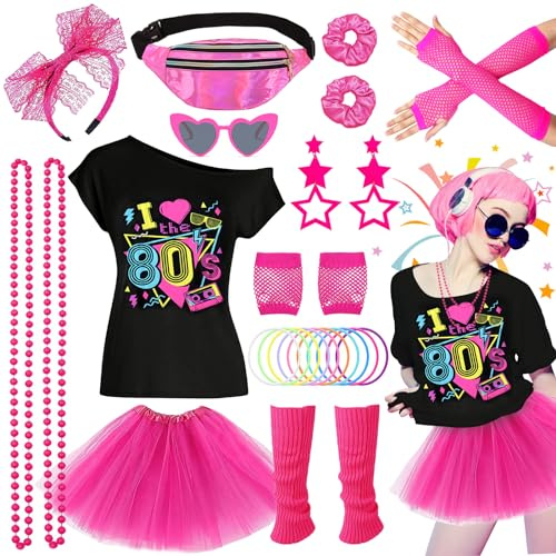 27 pezzi, accessorio per feste, discoteca al neon degli anni '90, t-shirt, tutù, braccialetto, borsa banana, occhiale, braccialetto, collane, cavigliere, donna tenuto, anno a tema sera carnevale