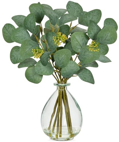 Oairse Fake Plants Artificial Eucalyptus Stems in Glass Vase with Faux Water 34cm Fake Plant Eucalyptus Leaves Greenery Faux Silver Dollar Leaves for Home Table Centerpiece Shelf Decor