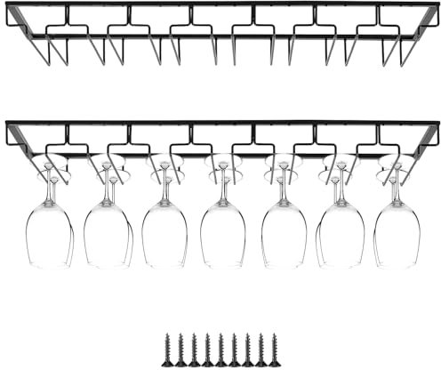 QWORK® 2 Pack Wine Glass Rack, 7 Rows Glass Holder, Metal Glasses Hanger, For Bar Kitchen, Black
