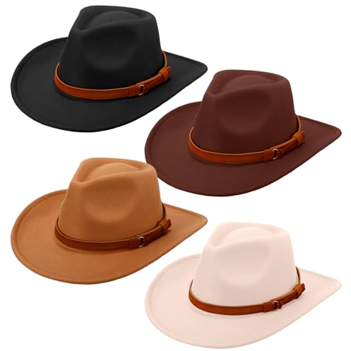 Breathffy 4 Pcs Cowboy Hat Felt Wide Brim Cowgirl Hats with Belt Classic Outdoor Western Style for Women Men Adults (Black,Coffee,Camel,Beige)