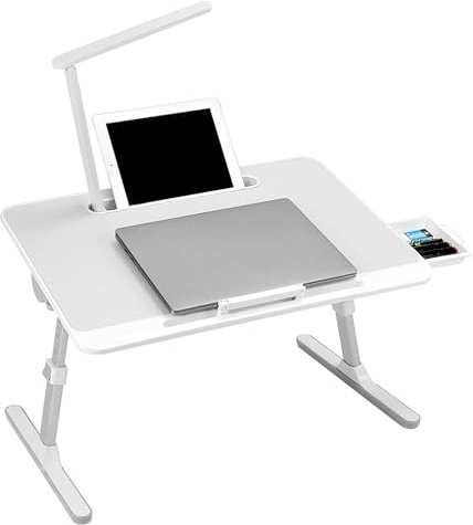 QWORK® Tisch Bett Laptoptisch, Höhen Winkel verstellbar,Betttisch Klappbar mit Schublade und LED Lampe, 60 x 40 cm