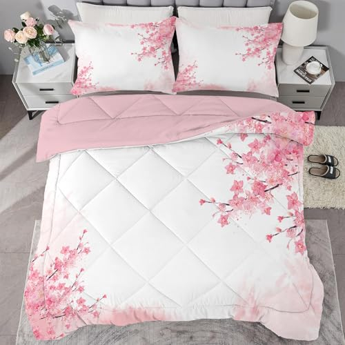 buyluhn Bettdecke 135x200 Ohne Bezug Nutzbar，4 Jahreszeiten Bettdecken Kirschblüten Kinder Steppdecke Rosa Ganzjahresdecke，Waschbar Bettzeug mit 1 Kissenbezug für Sommer Winter