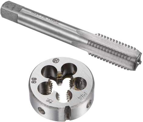 TOP-VIGOR Jeu de tarauds et filières M14 x 2 métriques à gauche avec matrice de filetage rond, kit de tarauds et filières robustes pour bricolage, réparation, coupe de filetage extérieur et intérieur
