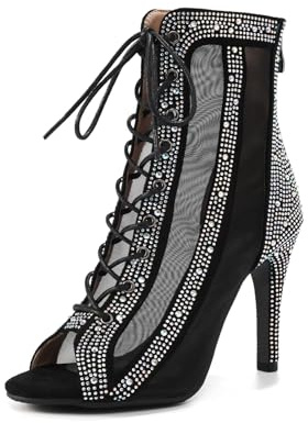 YCALCP Stivali da Ballo Latino Americano Donna Punta Aperta con Strass Professionali Salsa Tango Scarpe da Ballo Nero, 38 EU