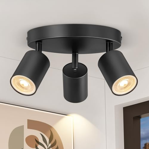 Spotlights Ceiling Lights 3 Way Black, GU10 LED Spotlight Rotatable Round | Modern Metal Ceiling Spot Light Fitting, GU10 LED Ceiling Light for Hallway Kitchen Bedroom, Bulb not Included