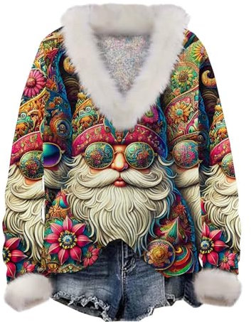 Damen-Sweatshirt 2025, Winter, Wärme, Weihnachtsmotiv, Kunstpullover, gemütlich, weich, mit Pelzkragen, perfektes Baumwoll-Sweatshirt, hot pink, L