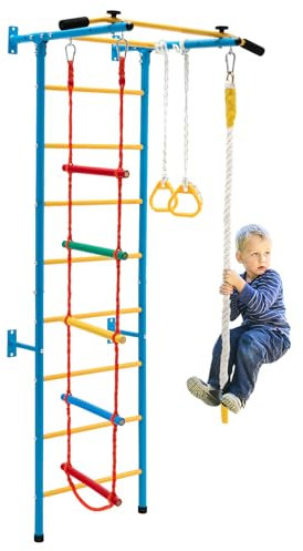 SPOTRAVEL Indoor Swedish ladder, 5 in 1 Children Climbing wall with Pull-Up Bar, Climbing Rope, Gymnastic Rings, Rope & Wall Ladder, Gymnastics Bar and Equipment for 3+ Years Old Kids(Blue + Yellow)