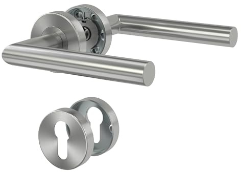DIYGEEK Türgriffe Innentüren Türklinke PZ-Profilzylinder Silber | Türgriff-Set Edelstahl mit Rosette Ø 52mm Drückergarnitur Zimmertür L-Form