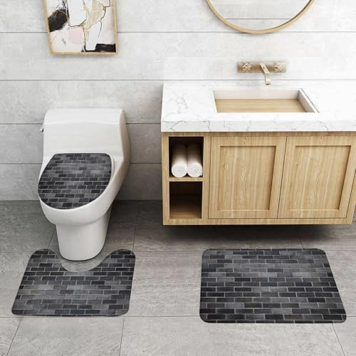 EMCLKS Tappeto Bagno Set di 3 Tappeti da Bagno Antiscivolo,Asciugatura Veloce,Grigio e bianco, piastrelle moderne per pareti in mattoni, urbanistica, arc,Molto Assorbente e Soffice per Bagno Tappeti,