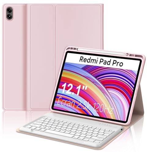 IVEOPPE Clavier Redmi Pad Pro 12.1 2024/Xiaomi Poco Pad 2024, Clavier AZERTY Layout sans Fil Bluetooth Amovible pour Xiaomi Redmi Pad Pro 12.1 2024, Rose