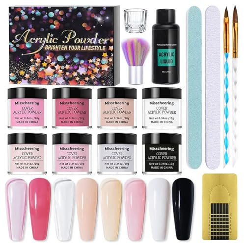 Professional Acrylic Powder & Liquid Nail Kit - 8 Pcs White, Black, Clear, Nude, Pink Set - Full Beginner Kit for Quick Extensions and Carving