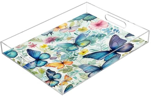 Plateau de service rectangulaire en acrylique transparent avec poignées pour table basse, cuisine, salle de bain