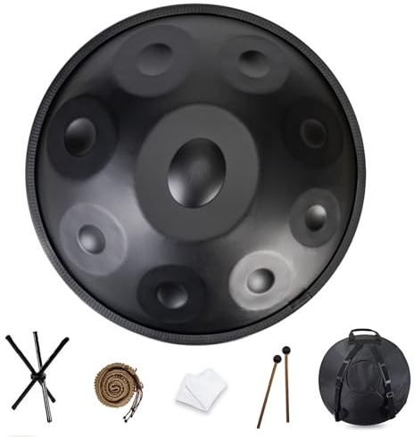 SQSXCKIQ 440 Hz Handpan Steel Drum 9/10/12 Töne 22 Zoll in D-Moll mit Handpan-Ständer, Handpan-Hülle Schwarz 9 Töne