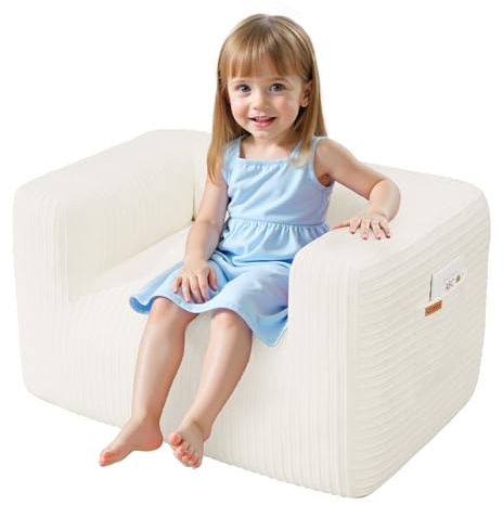 COMAX Bean Bag Chair for Kids, Stuffed Toddler Couch for Boys and Girls, Corduroy Lazy Sofa Filler with Shredded Sponge Accent Chair Comfy with Pocket for Playroom Classroom, Beige