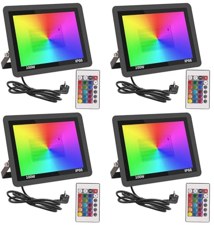 Fosingut RGB Projecteur LED Extérieur 100W,Spot LED Couleur avec Télécommande,16 Couleurs 4 Mode Dimmable Éclairage Extérieur Murale,Étanche IP66 Luminaire Jardin pour Cour,Terrasse,Noël,Fêtes DJ-4pcs