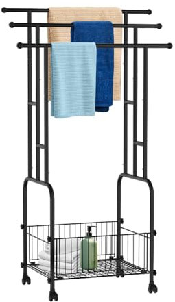 Porte-serviettes sur roulettes - Échelle en métal - Avec 3 barres à serviettes et étagère de rangement - Pour salle de bain, piscine et balcon - 107,5 x 61,5 x 34 cm (l x P x H)