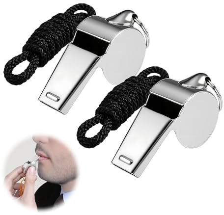 wilcractk Lot de 2 Sifflets de Sport en Acier Inoxydable avec Cordon, Sifflet Arbitre et Anti, Sifflet Fort et Clair pour Arbitres, Entraîneurs Les Officiels