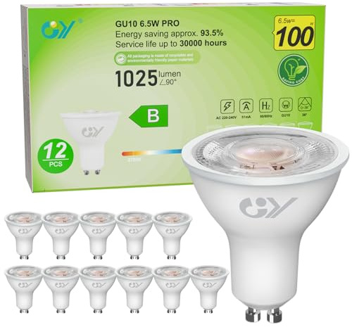 GY Ampoules GU10 LED Spot Classe B, 1025LM Blanc Chaud 2700K，6,5W Équivalent 100W GU10 36° (Faisceau Étroit), Efficacité Energétique, Non-Dimmable, Lot de 12