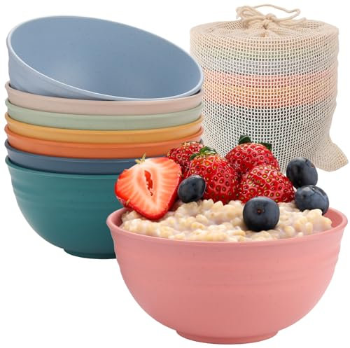 HOMGEN Juego de 8 Cuencos de Plástico Irrompibles con Bolsa 655ML Vajilla Reutilizable para Camping y Hogar Juego de Vajilla Colorido Libre de BPA Apto Microondas y Lavavajillas Seguro para Niños