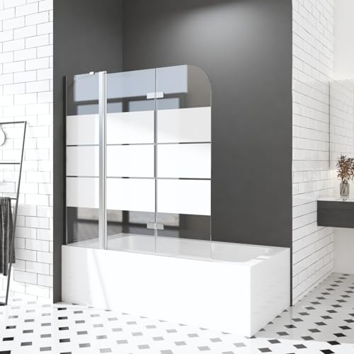 Duschwand für Badewanne 160 x 140 cm Duschabtrennung mit Stabilisierungsstange Sicherheitsglas 2 teilig Faltwand Duschwand Milchglas Dekor Querstreifen NANO Glas Badewannenaufsatz 6mm ESG