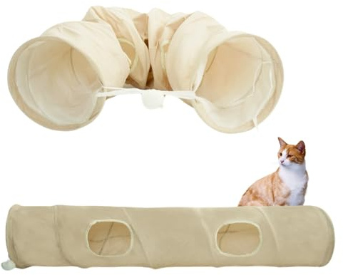 Petsen Katzentunnel aus robustem Ecolen Stoff mit Pompon und Spielöffnungen – Faltbarer Indoor Spieltunnel für Katzen, Frettchen oder Kaninchen (Beige)
