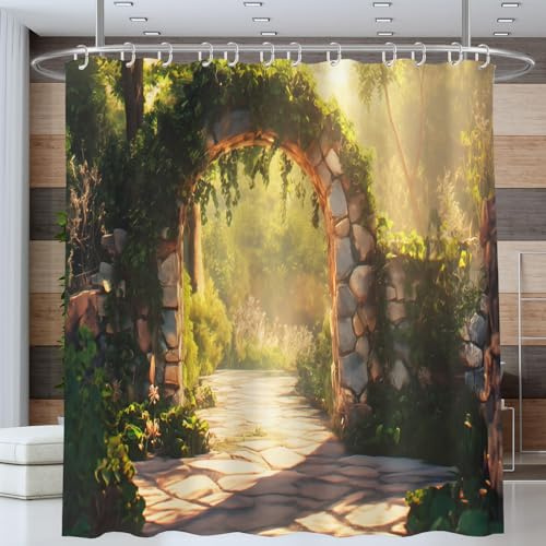 Rideau Douche Jardin Arche en Pierre Lierre Dense Végétal Rideaux de Salle Anti Moisissure Imperméable, 180x200cm Rideaux de Douche Lavables Tissu Polyester avec 12 Crochets