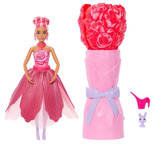Barbie Petal Pop Scented Doll with Rose Dress & Accessories, Bouquet Reveal with Pet Bunny & Surprises Like Watering Can, Necklace & Earrings​​​
