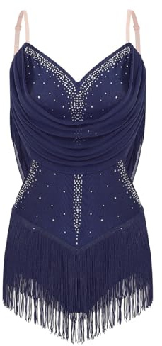 Aislor Justaucorps Gymnastique Danse Latine Jazz Pour Femme Combinaison Patinage Artistique Strass Frangé Tenue Danse Chacha Tango Bleu marine S