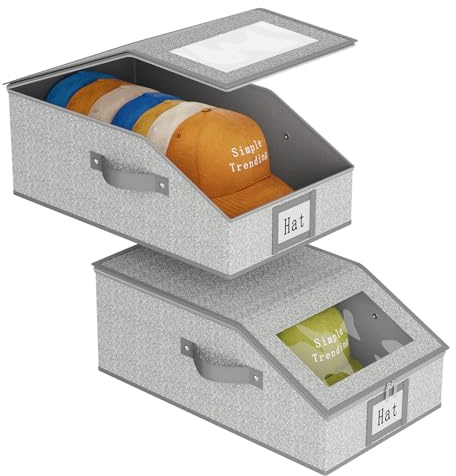 Simple Trending Hat Organizer for Baseball Caps, 2PCS Stackable Storage with Clear Window Lid,Hat Box for Closet, Holds up to 24 Caps Hat Organizer for Closet, Grey
