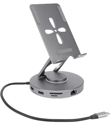 Topiky Supporto per Docking Station per Laptop USB C 11 in 1, Supporto per Tablet Regolabile con Rotazione a 360° con Hub USBC, Supporto per Tablet con Lettore di Schede Jack Audio da
