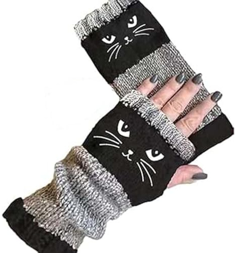 LUCKKY Women’s Knitted Fingerless Gloves with Cat Embroidery, Damen Strickhandschuhe ohne Finger mit Katzenstickerei, Unisex Fingerlose Handschuhe, Dicke warme Winterhandschuhe mit Katzenmotiven