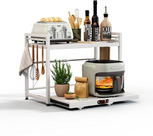 NETEL Erweiterbares mikrowellen Regal mit schublade,2 Stufig küchenregal arbeitsplatte,mikrowellenregal stehend,küchen Organizer mit 8 Haken,Weiß