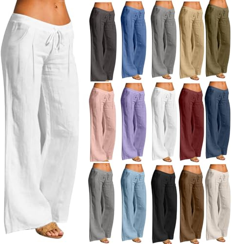 Cotton Linen Trousers for Women, High Waisted Summer Trousers Wide Leg Pants with Drawstring Ladies Jogging Bottoms Ruched Sweatpants Womens with Pockets Palazzo Pants for Yoga Outdoor Activewear