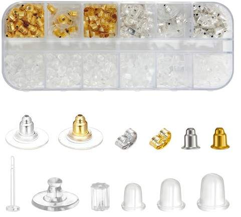 QEAS 600 Piezas Tuercas de Pendientes, 12 Estilos Metal Goma Plástico Cierres de Pendientes Forma de Bala Estilo de Mariposa, Tuercas Pendientes para Colgantes Manualidad Fabricación de Joyas