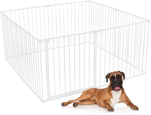 Safetots Hunde Spielgehege Weiß 144cm x 144cm, Haustiergehege für Haustiere Hunde und Welpen, Hundeauslauf für drinnen und draußen geeignet, einfache Installation