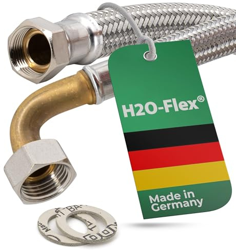 H2O-Flex® Flexschlauch 1 ÜM x 1 ÜM mit Bogen, Trinkwasserzulassung, 50cm | Panzerschlauch, Pumpenschlauch für Hauswasserwerk, Anschluss von Wasserarmaturen, Edelstahl-Geflecht, Inliner HDPE, PN10