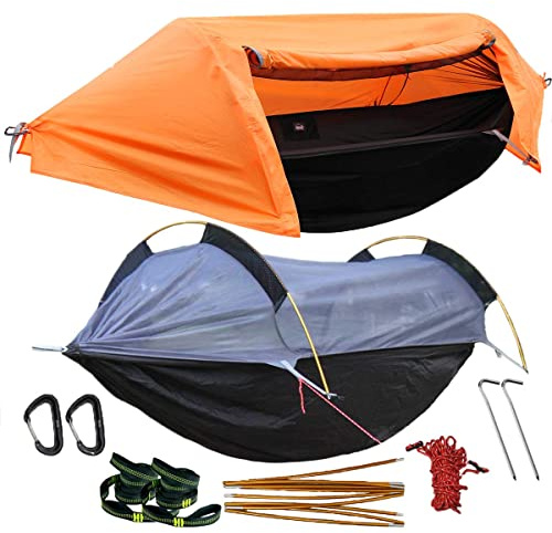 Patent Camping Hammock with Mosquito Net and Rainfly Cover, orange/grey