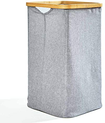 bambuswald© Cesto plegable de colada con anilla de bambú ecológico aprox. 50x32cm y 50 litros de capacidad | Clasificador de ropa, bolsa de lavandería, caja de lavandería, baúl de almacenamiento