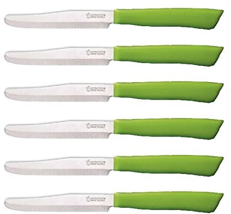 Tredoni 6 Kitchen Knives - 11cm Italian Stainless Steel Serrated Vegetable/Steak/Table Knife Cutlery, Rounded Tip (Green)