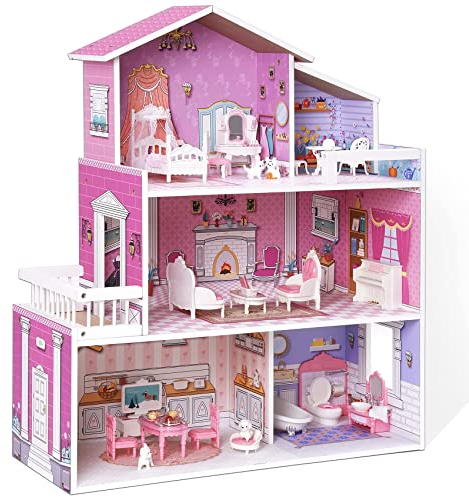 ROBUD hölzernes Puppenhaus Spielset, 3 Geschichten, 5 Zimmer, 24 PCS Möbel, vorgeben Spiel Spielzeug Geschenk für Kinder Kleinkinder Mädchen