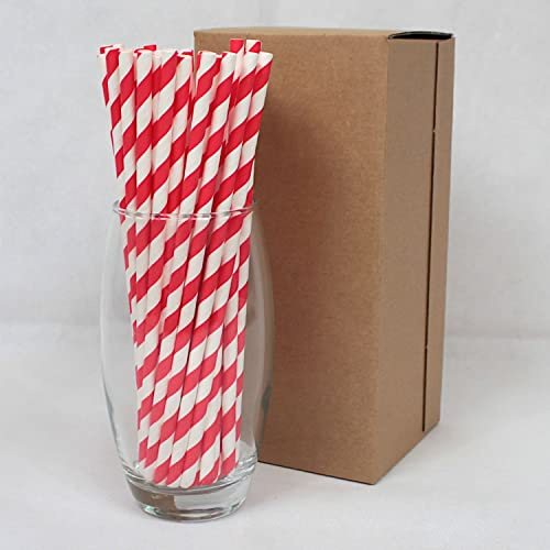 Bright Red Striped Paper Straws (6mm x 200mm) - Pack Size 250 - FSC Certified/Food Safe/PFAS Free/Biodegradable/Eco-Friendly/Durable/Suitable for All Occasions