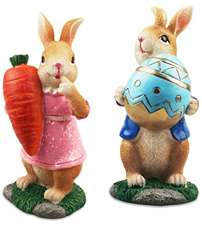 2 Pezzi Decorazioni Coniglietto Pasquale Statue e Figurine di Coniglio Pasquale Dipinte a Mano con Carota e Uovo Centrotavola da Tavolo Pasquale in Resina per Feste da Ufficio per la Tavola di Casa
