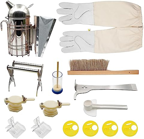 MOGOULUA 15-teiliges professionelles Bienenzuchtwerkzeug-Set für Imkerei, Anfänger, Bienenstöcke, Smoker, Bienenpinsel, Bienenmarkierungswerkzeug, Bienenstöcke, Zubehör