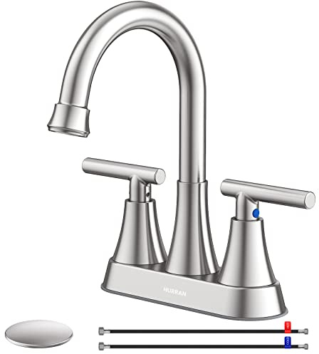 Bathroom Faucets for Sink 3 Hole, Hurran 4 inch Brushed Nickel Bathroom Sink Faucet with Pop-up Drain and Supply Lines, Stainless Steel Centerset Faucets for Sink Vanity RV