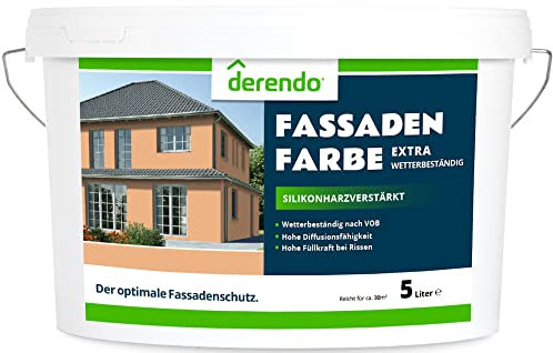 derendo Fassadenfarbe terracotta 5l mit EXTRA hohem Wetterschutz, matte silikonharzverstärkte Fassaden Farbe, hohe Deckkraft und gute Füllkraft bei kleinen Rissen (Aprikose)