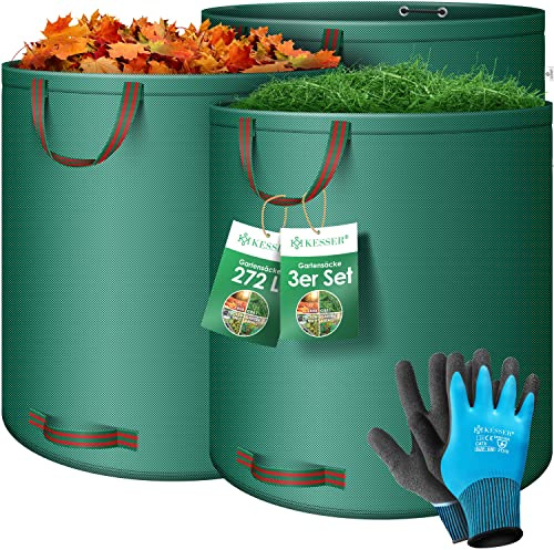 KESSER® Gartensack 3x 272L Set Laubsack Gartenabfallsack inkl. Handschuhe - Selbststehend 4 Griffe Stabil Robust & Faltbar - Rasenschnitt für Gartenabfälle Grünschnitt Grün